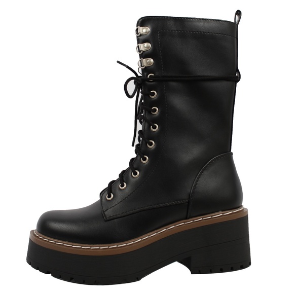 Black Faux Leather  Combat Mid Calf Platform Block Heel Boot - Picture 3 of 7